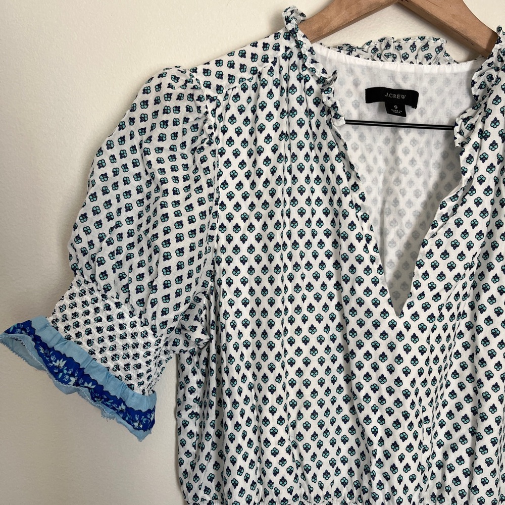 J. Crew Blue and White Ruffled Smocked Dress with Cuffed Sleeves
